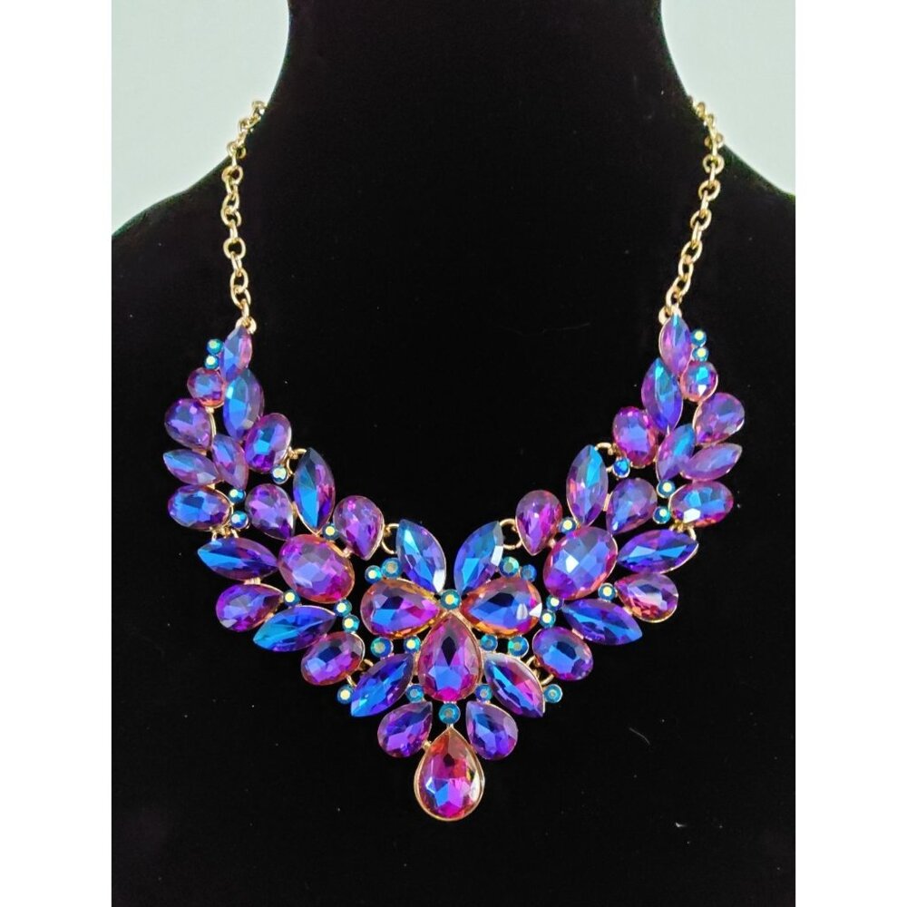 Statement Gold Tone  Chain Necklace With Purple & Blue Rhinestone Floral Design